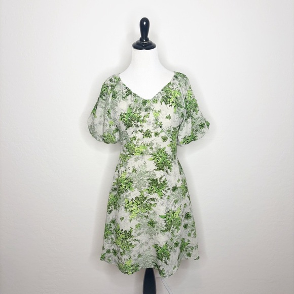 WLZD V-Neck Puff Sleeve A-Line Mini Dress Green Floral Size 4 - Picture 4 of 11